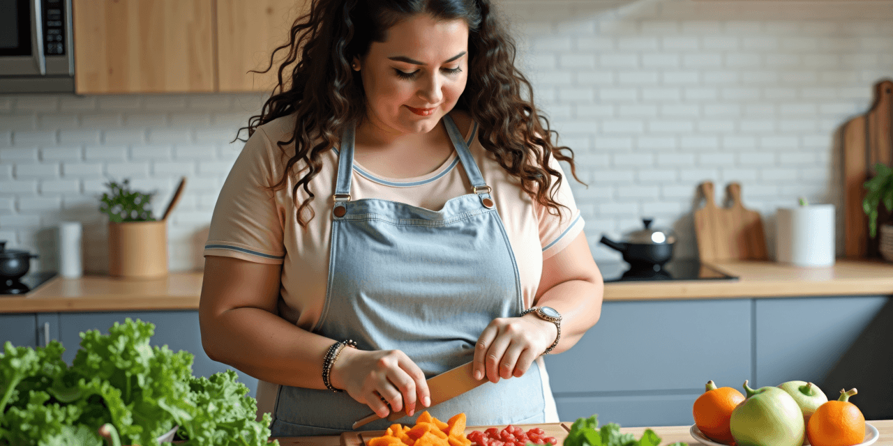 Young woman in light blue apron is chopping vegetables in her modern kitchen, meal prepping nutritious meals for the week ahead to help her with her weight loss maintenance.