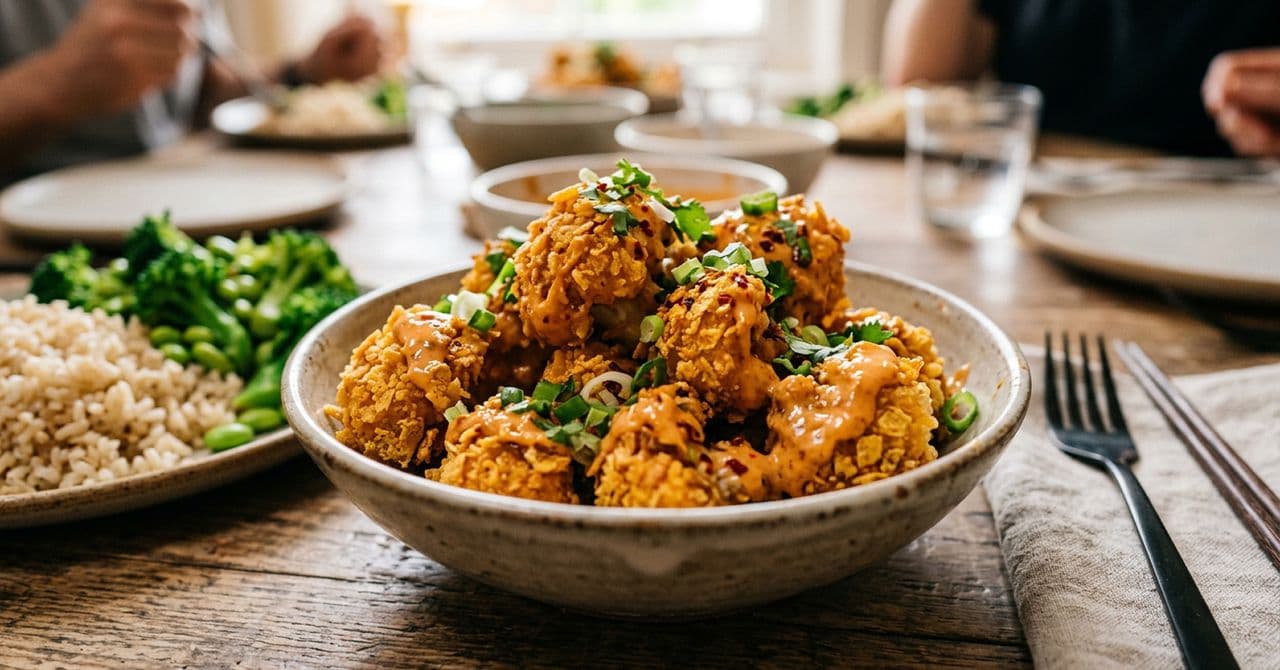 A bowl of crispy Bang Bang cauliflower with spring onion sprinkled on top