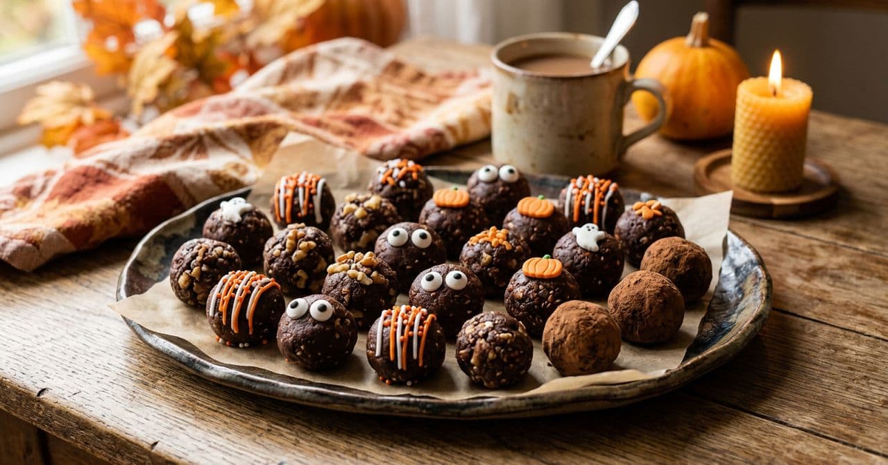 A tray of chocolate protein bites, decorated for Halloween, with Halloween decorations in the background