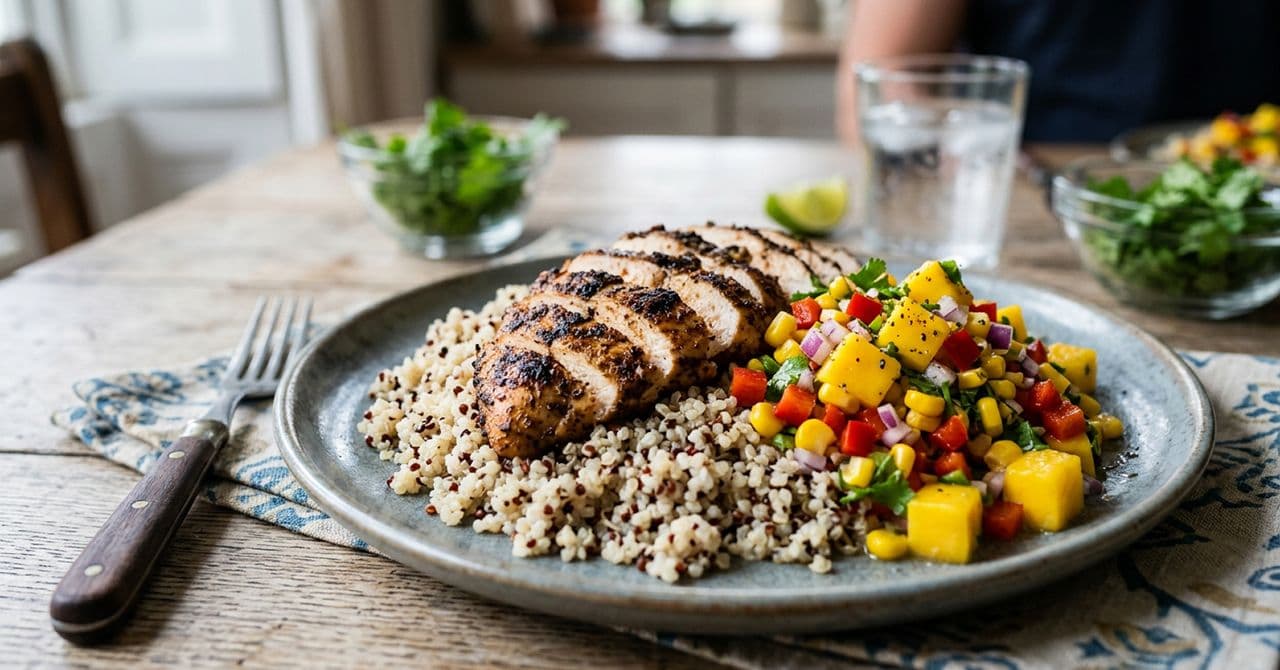 A plate of jerk chicken and mango salsa over quinoa, on a wooden table