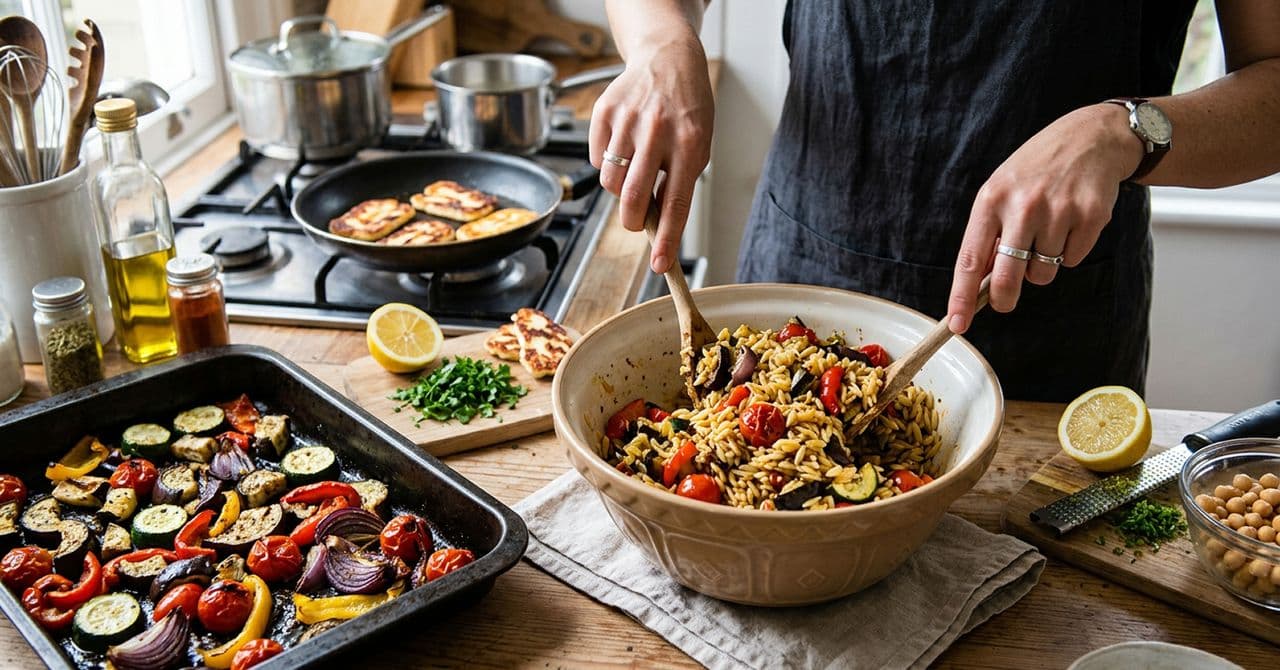 Roasted vegetable and halloumi orzo