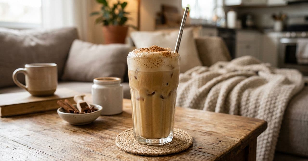 Iced pumpkin latte in the foreground, on a coffee table, with the rest of the living room in the background