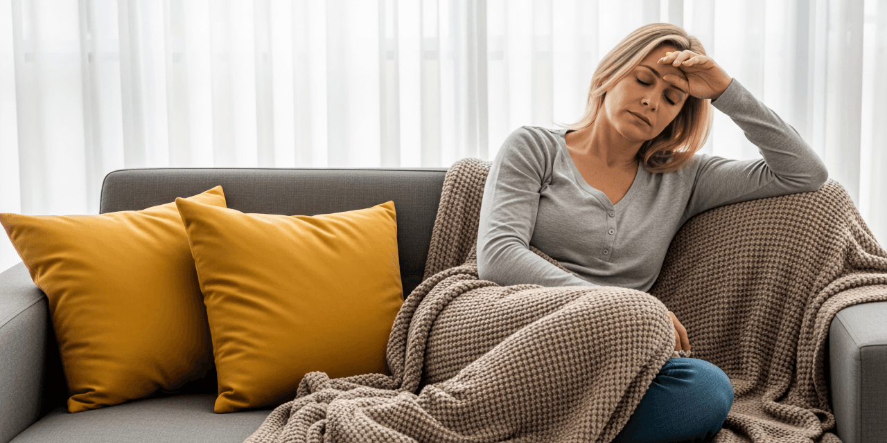 Woman feeling poorly, sitting on the sofa covered by a grey blanket