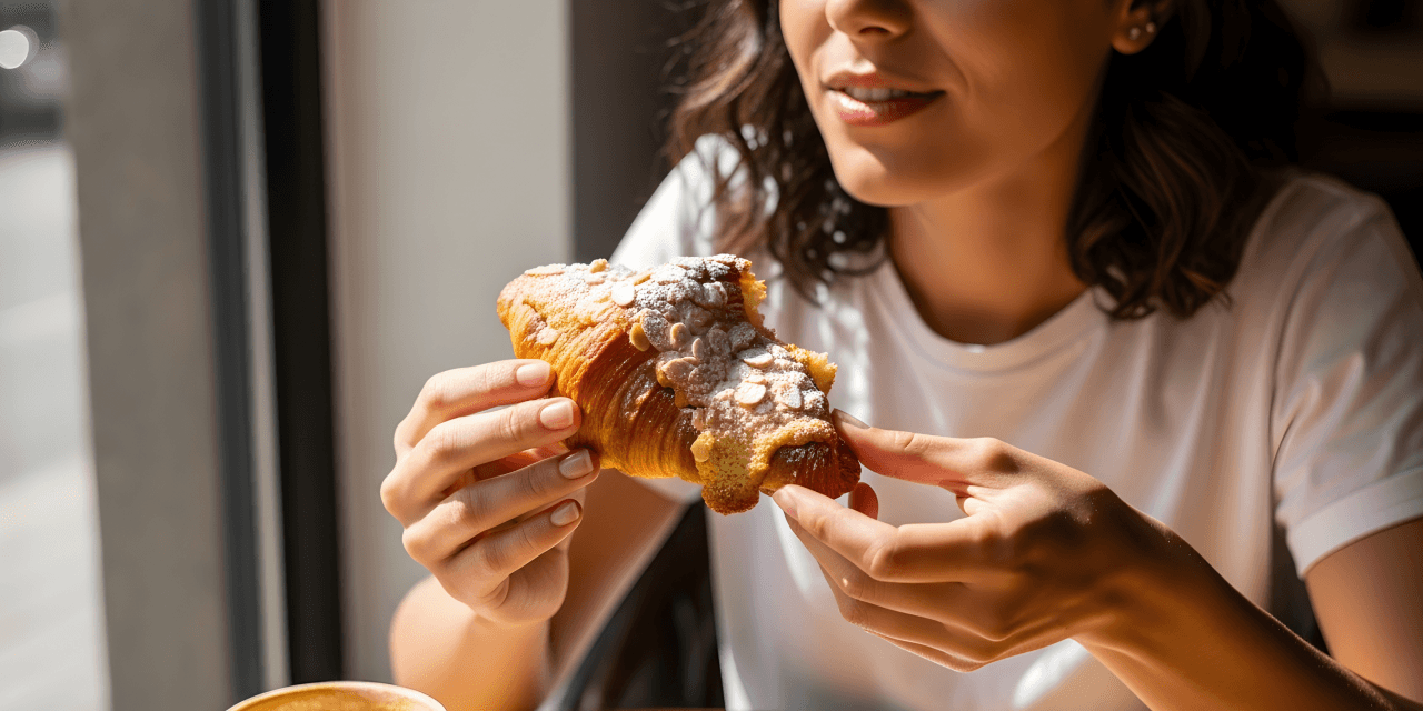 Woman eating an almond croissant
