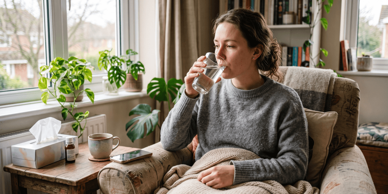 Woman feeling poorly, sipping water from a glass while sitting in an armchair, covered in a blanket.
