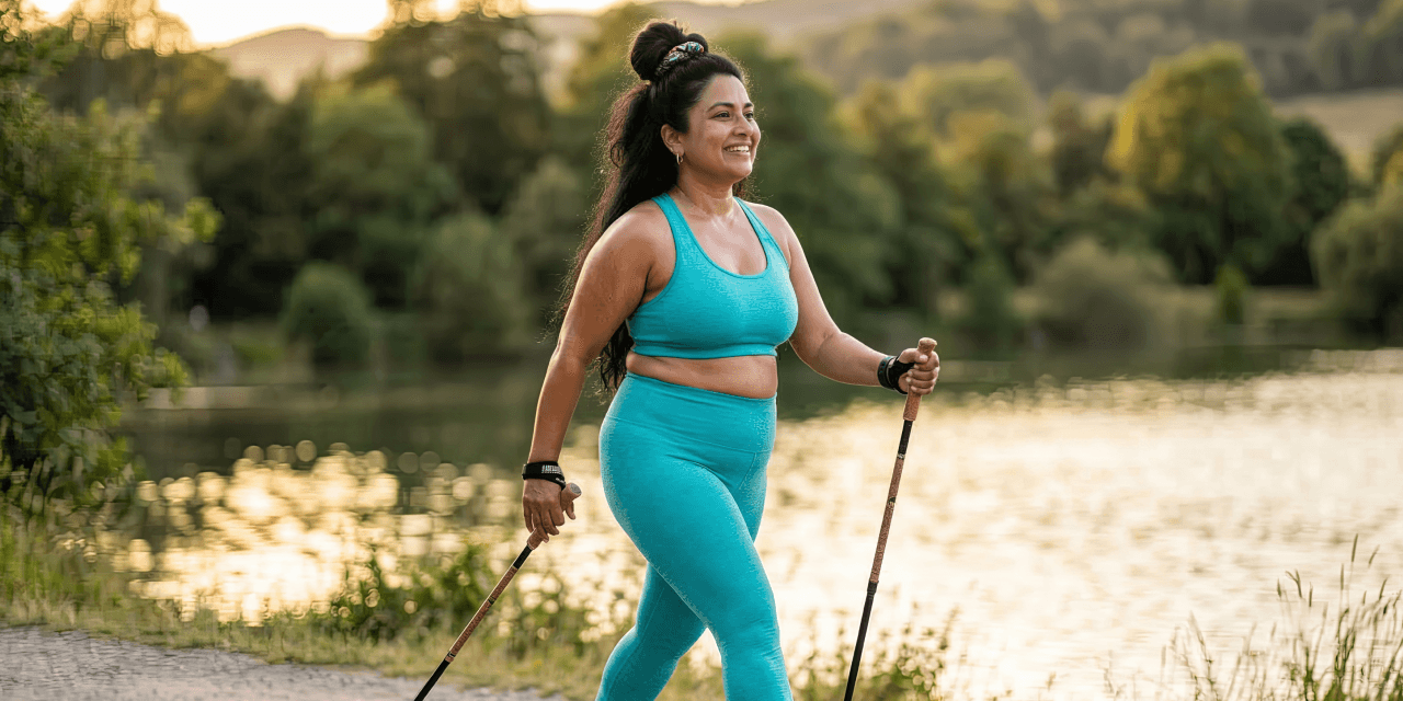 Young woman hiking in nature, dressed in bright blue activewear matching set. She's using hiking poles and smiling.