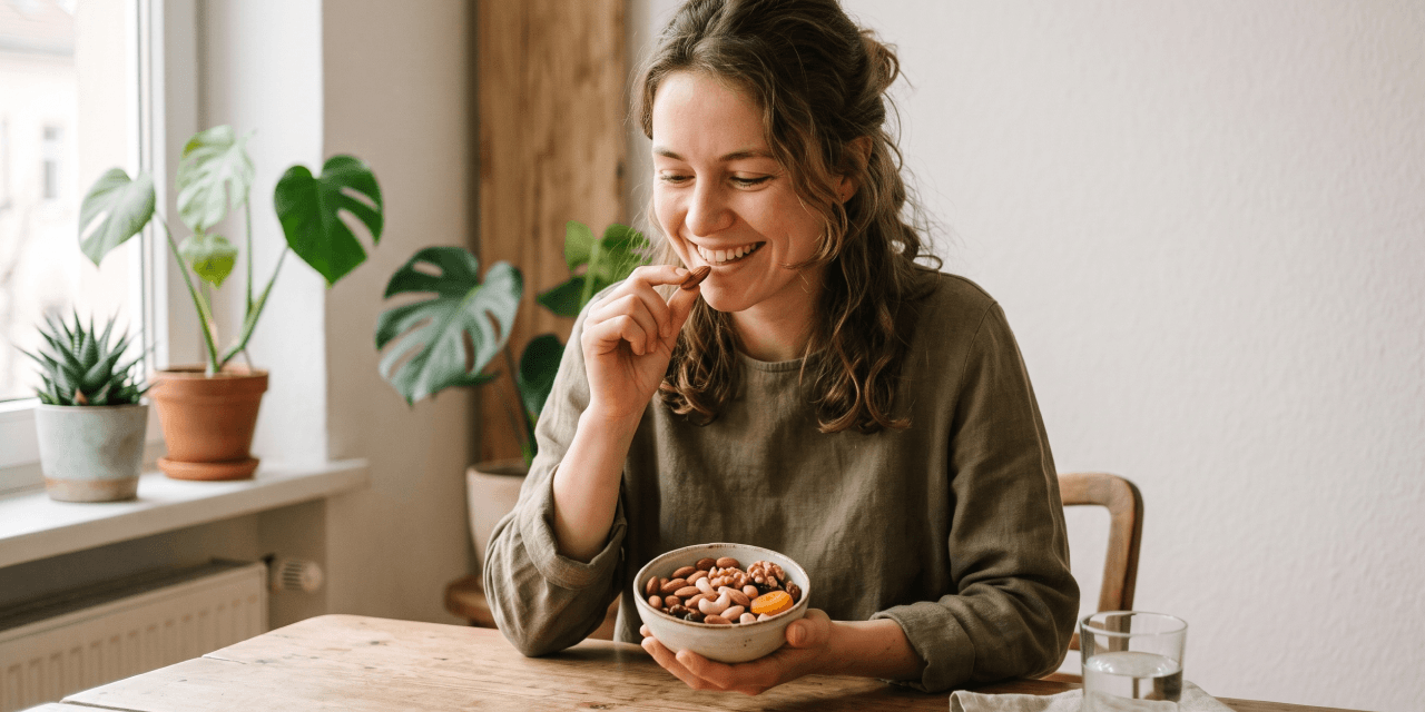Woman in a gardigan eating almonds from a bowl.