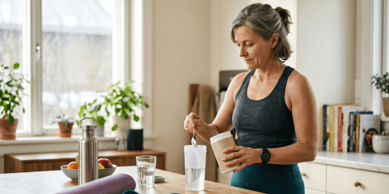 Middle aged woman adding powder supplements to a glass of water, in an airy, modern kitchen