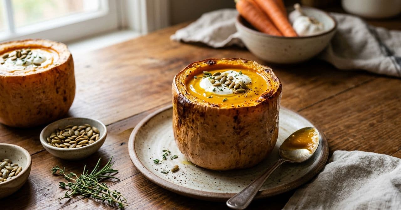 Roasted butternut squash and carrot soup, served in a roasted squash half