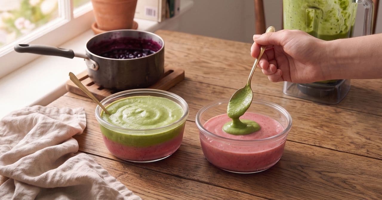 Two strawberry matcha smoothies in glass bowls on wooden table. Behind them is a pot of freshly cooked serry jam, and in front of them a linen cloth. A hand is topping one of the smoothies with the matcha layer.