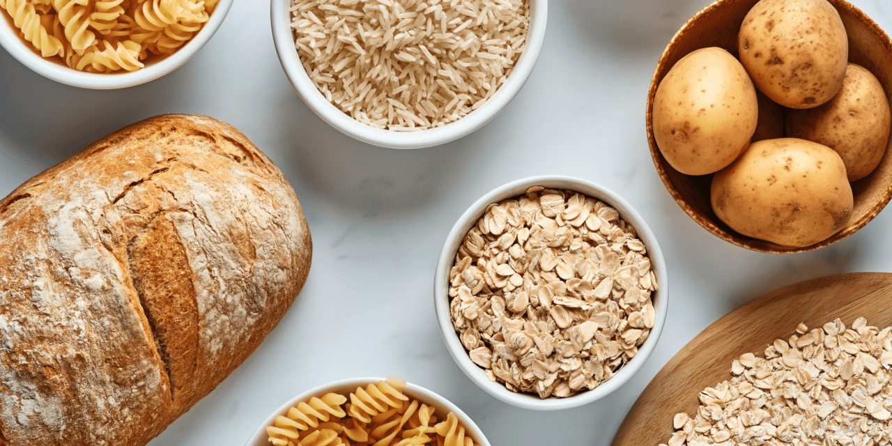 Top view image of a white sourdough loaf, and bowls of oats, pasta, and potatoes.