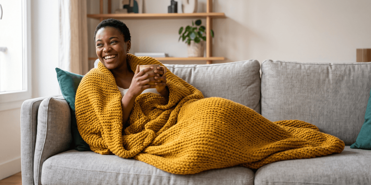 a person wrapped in a blanket relaxing on a couch