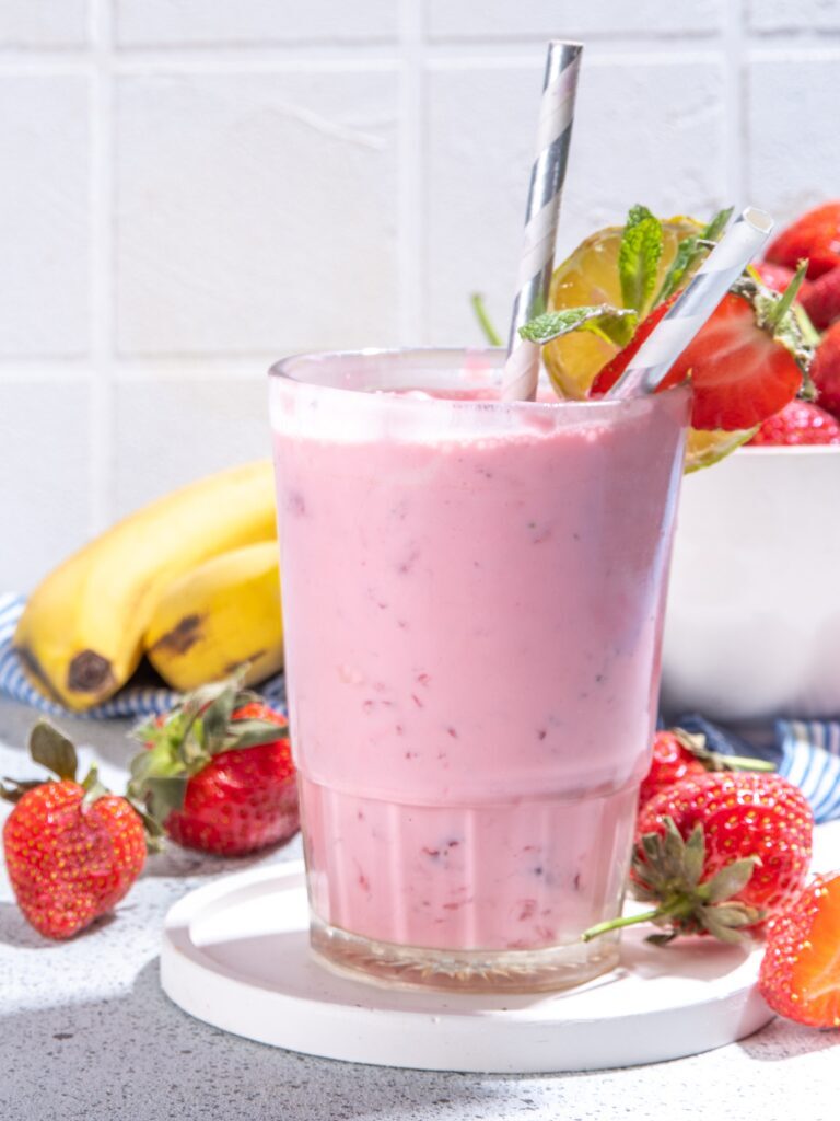 Strawberry and banana protein milkshake